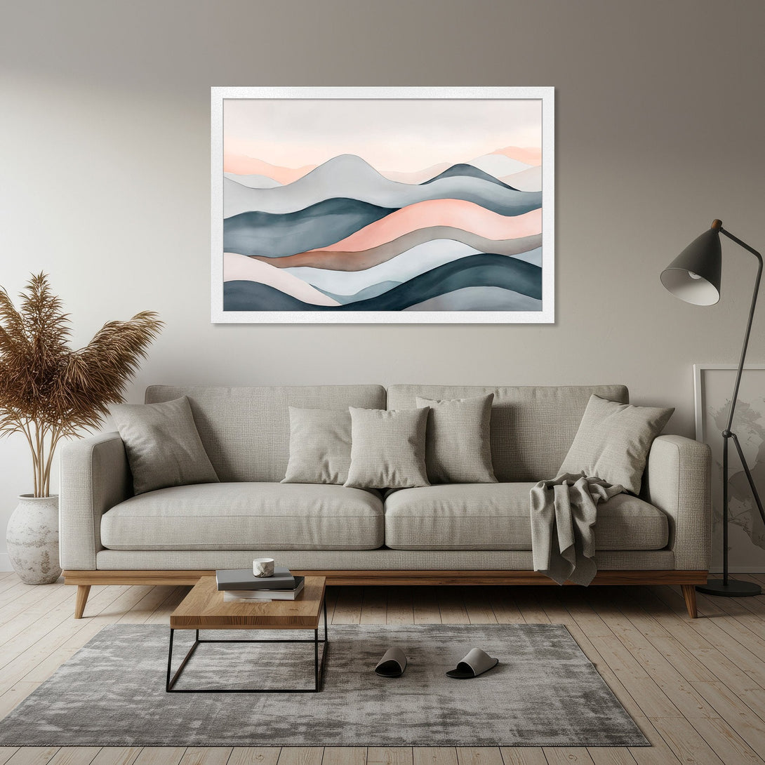 Framed Poster featuring abstract watercolor mountains in muted blues, pinks, and grays. Modern art for home decor.
