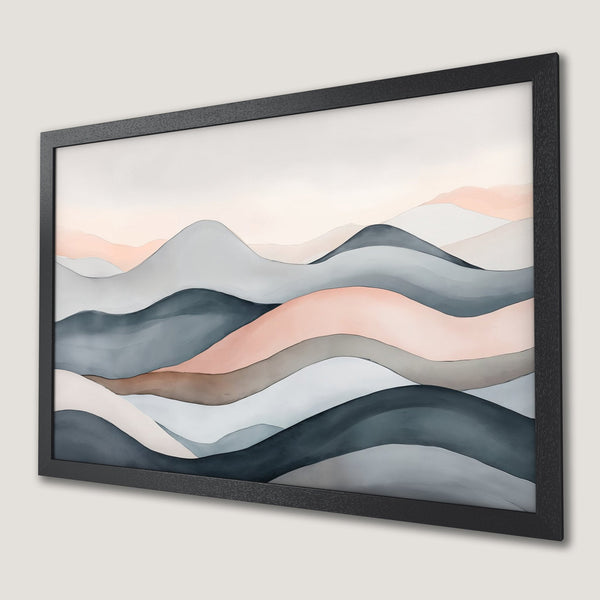 Framed Poster featuring abstract watercolor mountain landscape in muted blue, pink, and gray tones. Modern wall art.