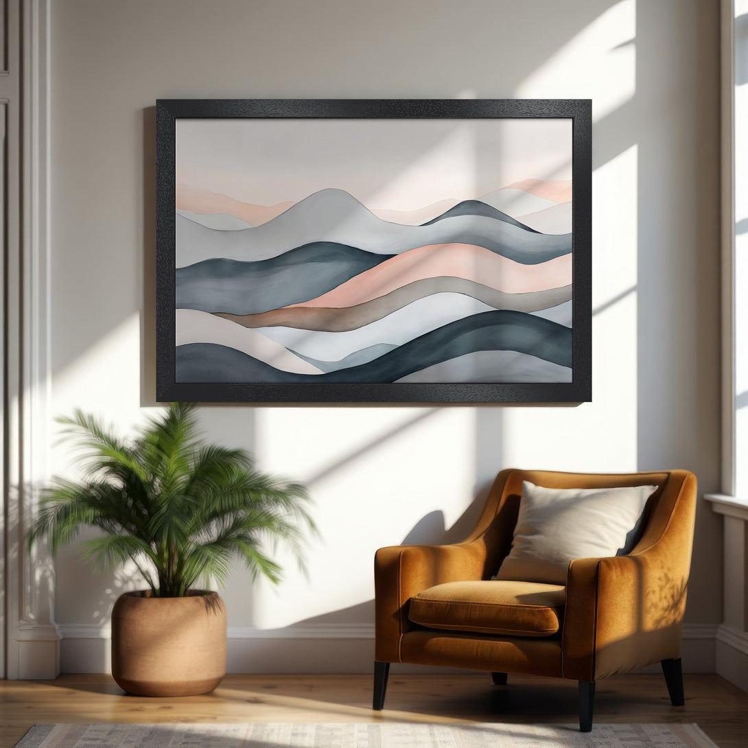 Framed Poster featuring abstract watercolor mountain art in gray, blush, and teal tones. Perfect for modern home decor.