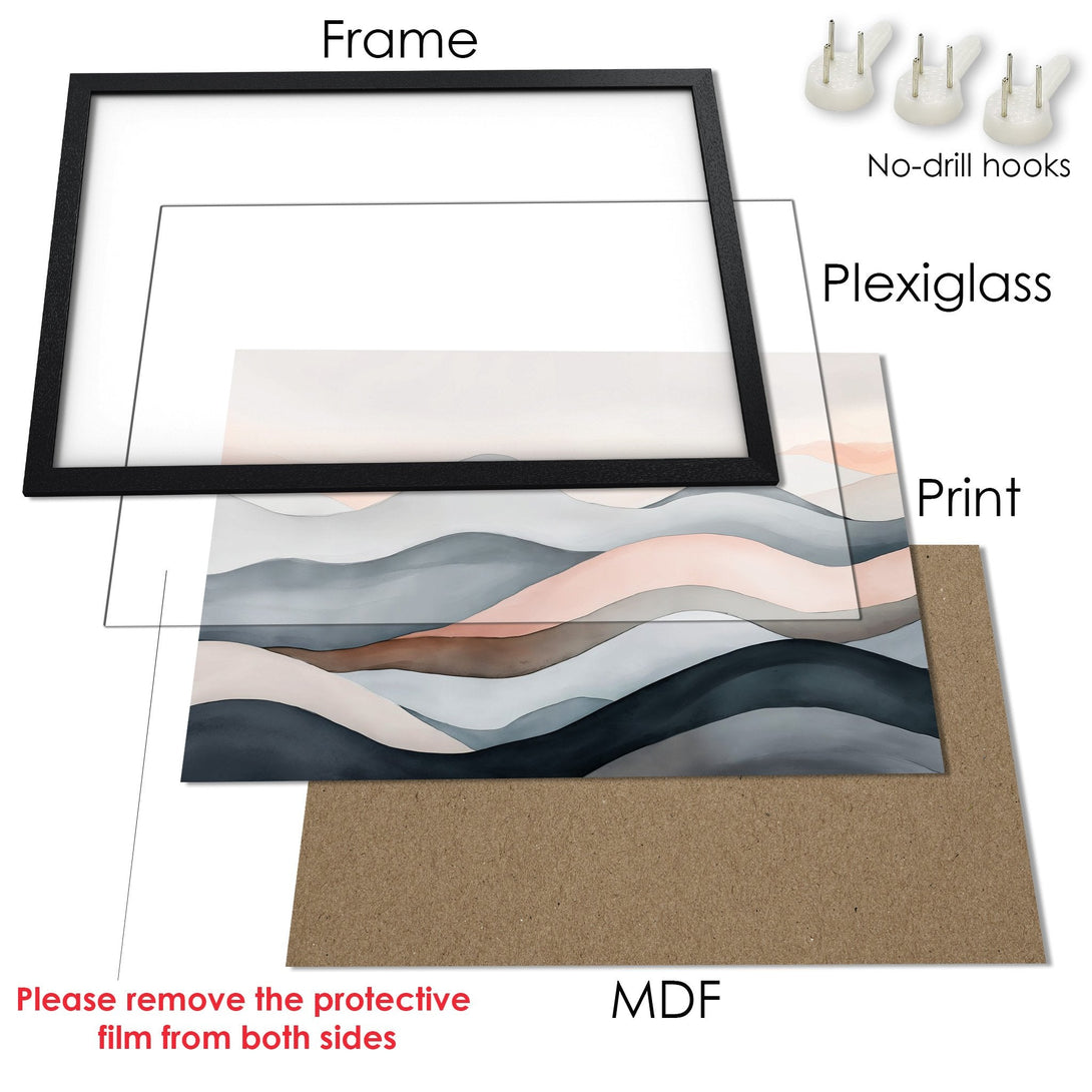 Framed Poster featuring abstract landscape art in a watercolor style with a calming gray, pink, and brown color palette. Ready to hang!
