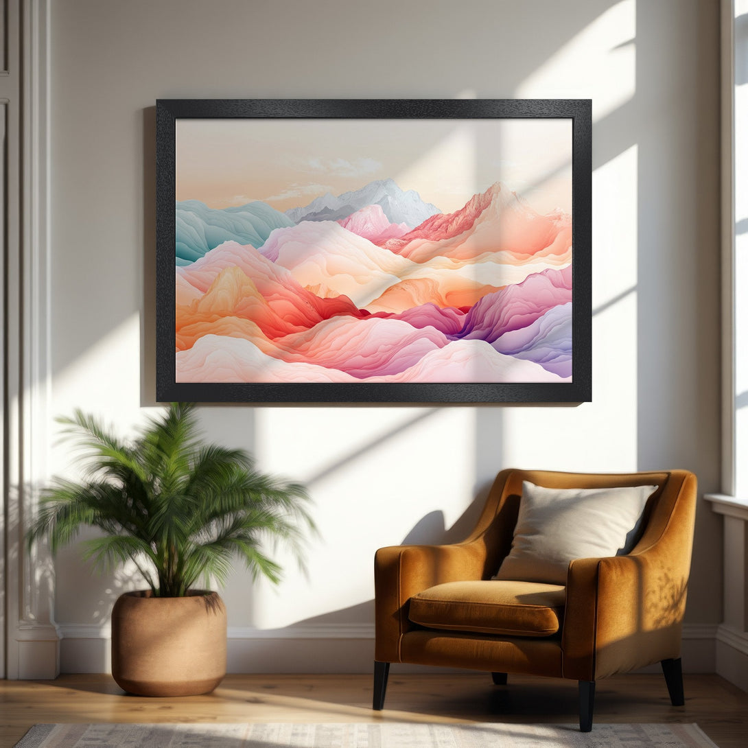 Framed Poster featuring abstract mountain art in pastel colors. Perfect wall decor for a modern home.