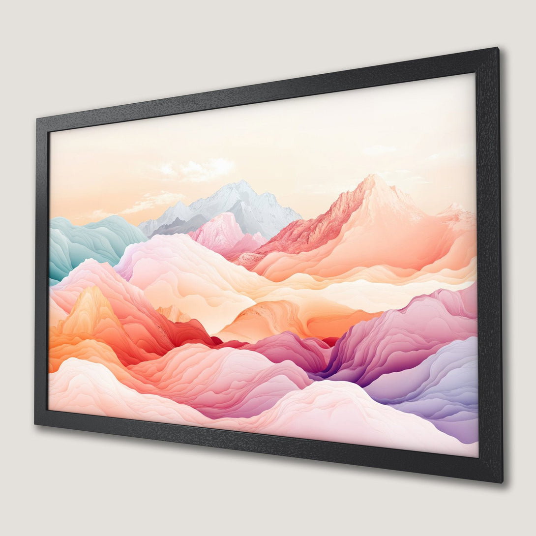 Framed Poster featuring abstract mountain landscape in warm, pastel colors. Add a touch of serenity to your space!
