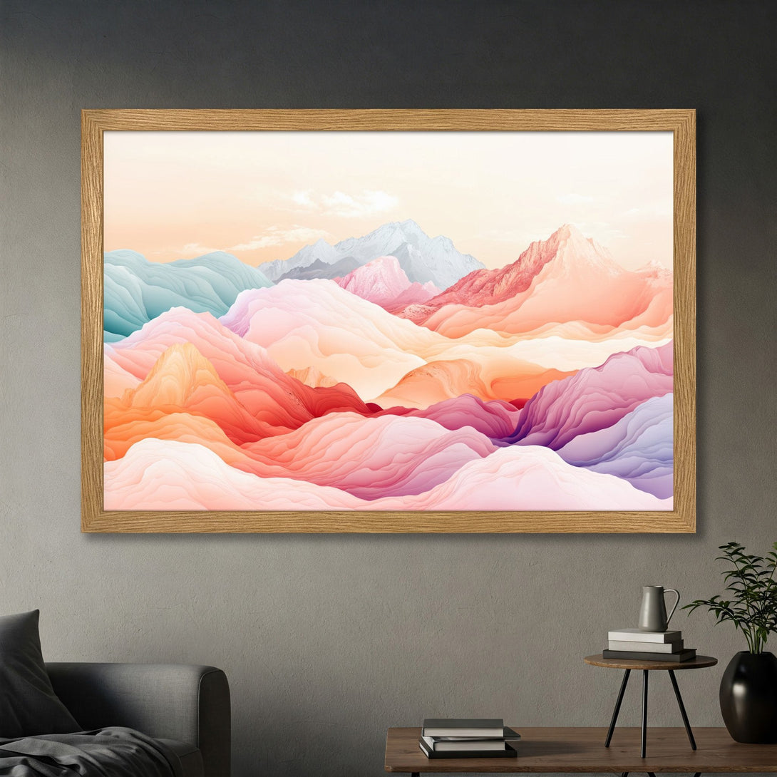 Framed Poster featuring abstract mountain landscape art in a warm, pastel color palette. Perfect wall decor!