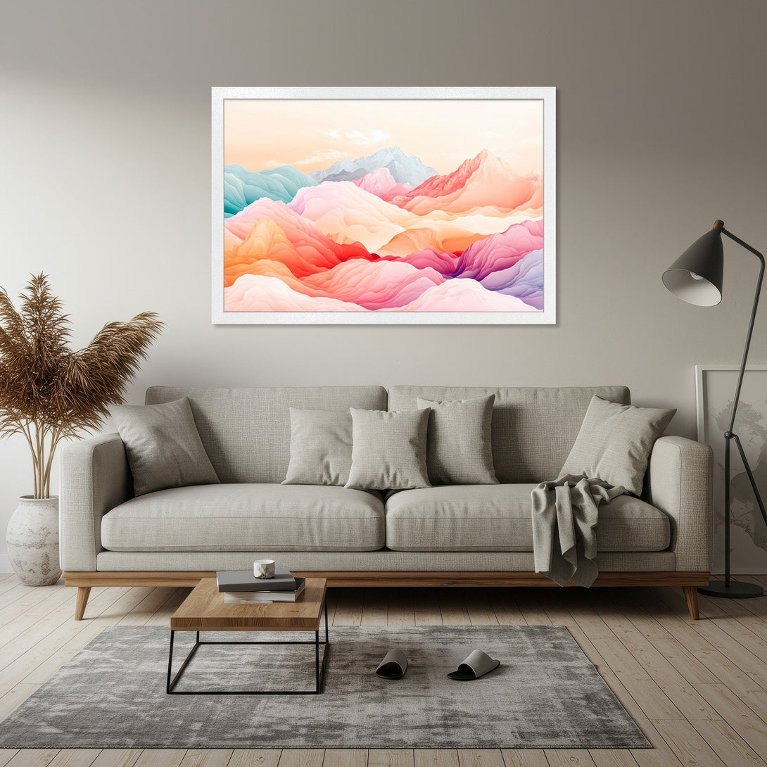 Framed Poster featuring abstract mountain landscape art in vibrant pink, orange, and blue hues. Modern home decor poster for your living room.