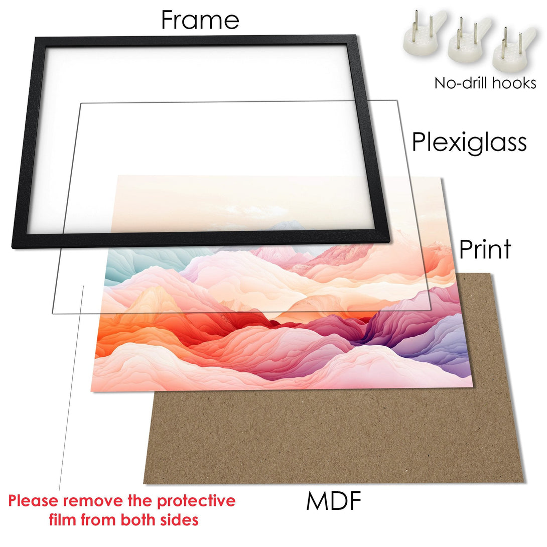 Framed Poster featuring abstract landscape art in warm, pastel colors. Perfect wall decor!