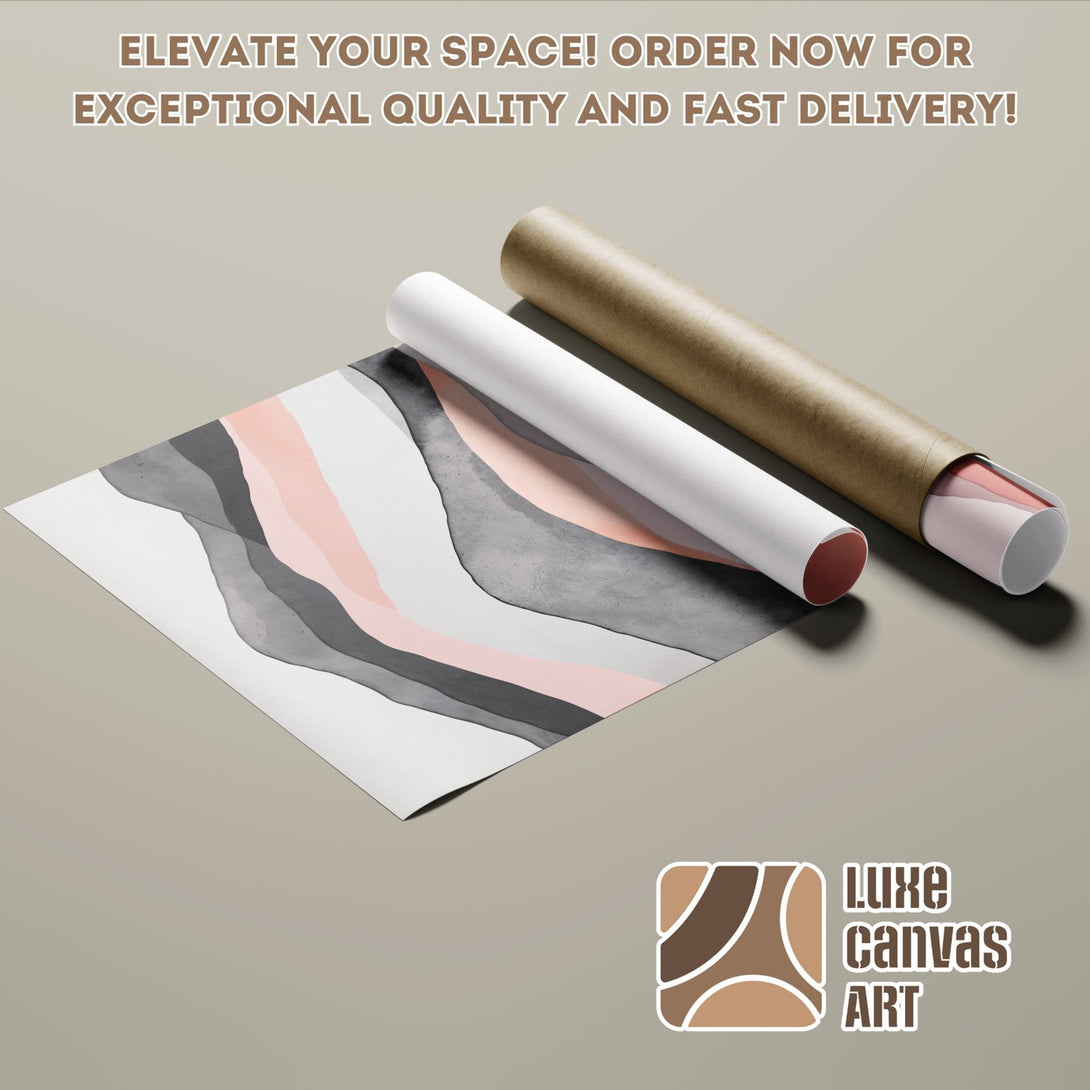 Abstract Poster Roll with watercolor style, featuring gray, pink, and white color palette. Elevate your space with Luxe Canvas Art!