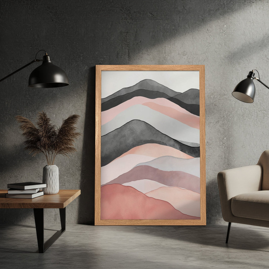Framed Poster featuring abstract mountain art in watercolor style with a muted pink and gray color palette. Perfect wall decor!