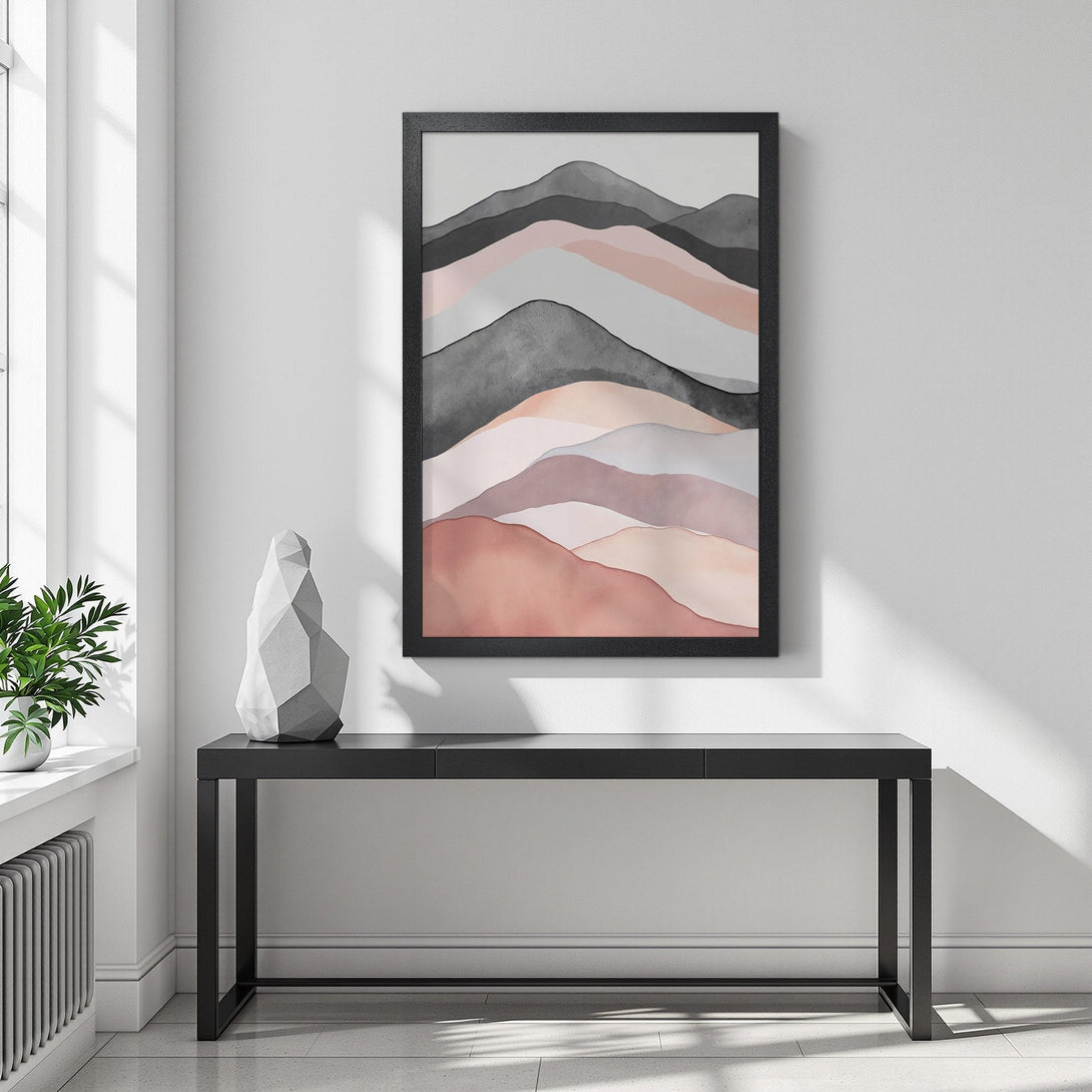 Framed Poster featuring abstract watercolor mountains in a neutral color palette. Perfect art for modern home decor.