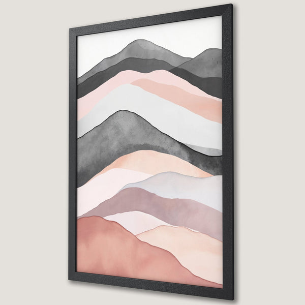 Framed Poster featuring abstract mountain art in watercolor style with a neutral, blush, and gray color palette. Perfect wall decor!
