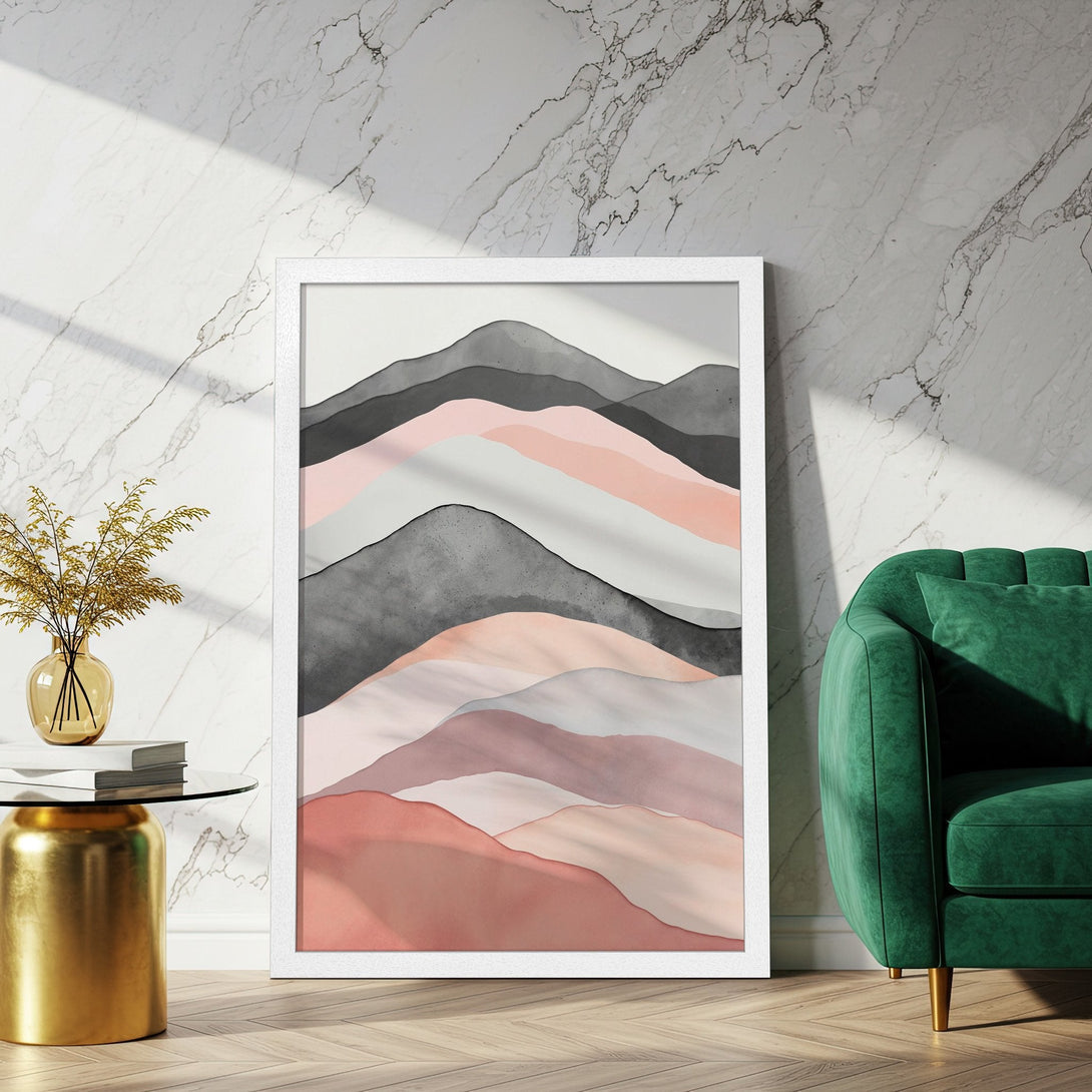 Framed Poster featuring abstract mountain art. Modern style with a soft pink, gray, and beige color palette. Perfect wall decor!