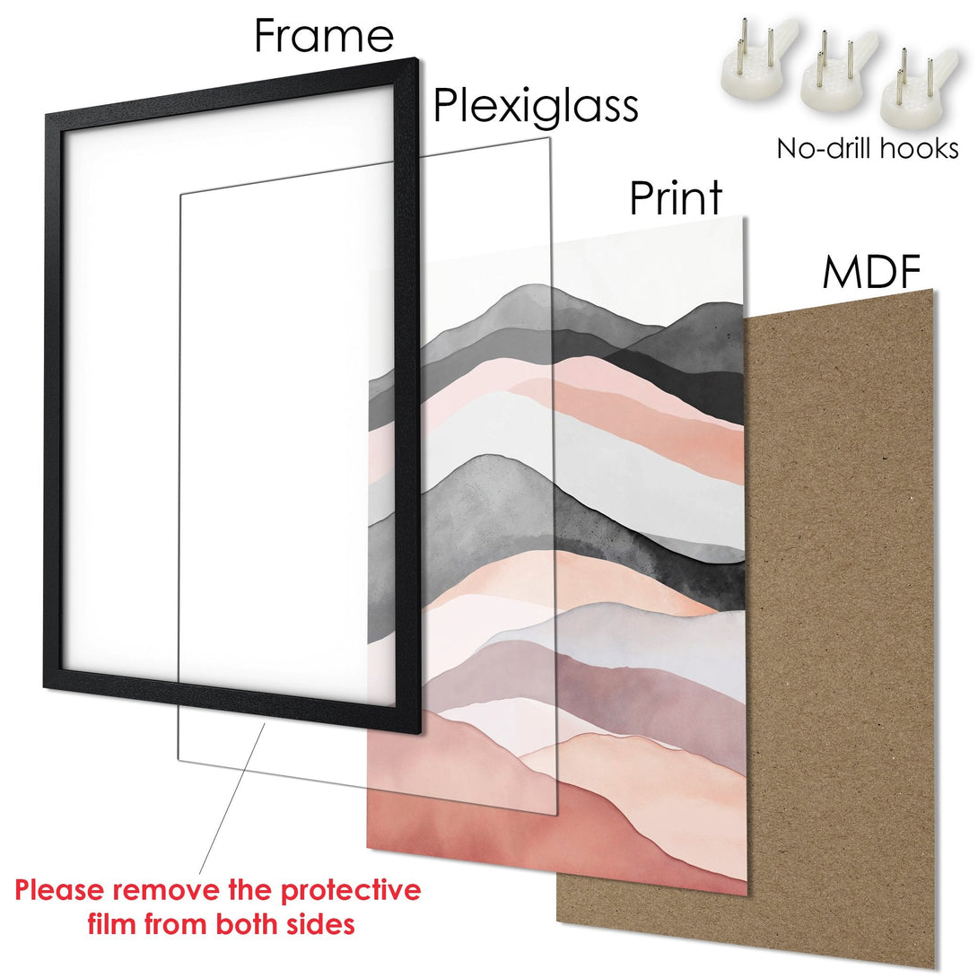 Framed Poster featuring abstract mountain art in a minimalist style with a blush and grey color palette. Perfect wall decor!