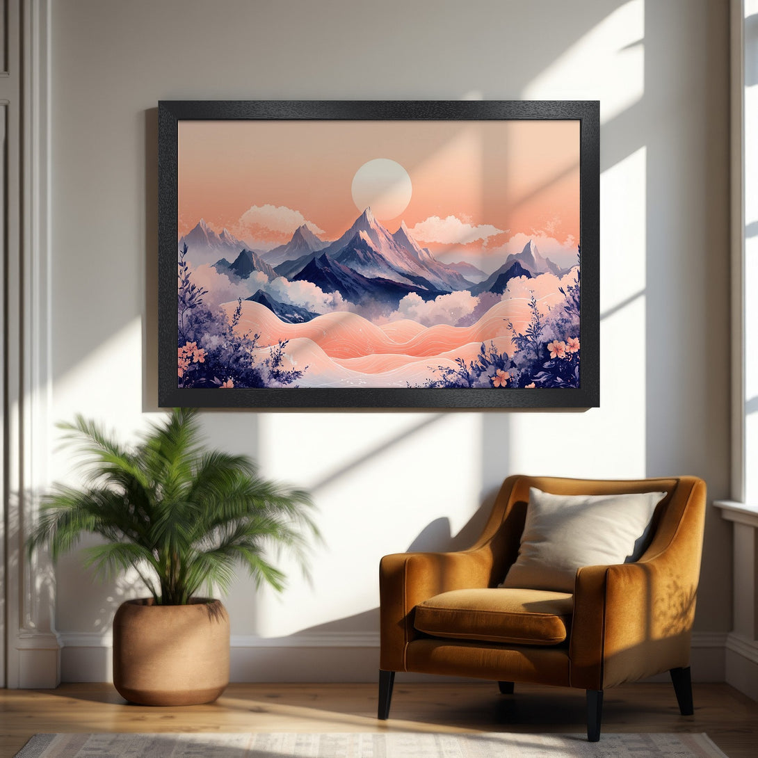 Framed Poster of mountain landscape art in watercolor style, featuring a warm peach and blue color palette.