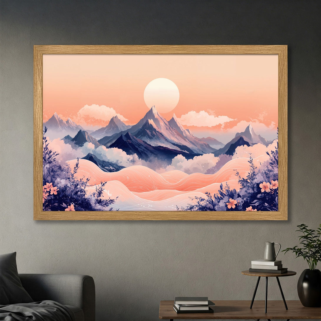 Framed Poster featuring a serene mountain landscape in a soft, pastel color palette. Perfect wall art for a calming atmosphere.