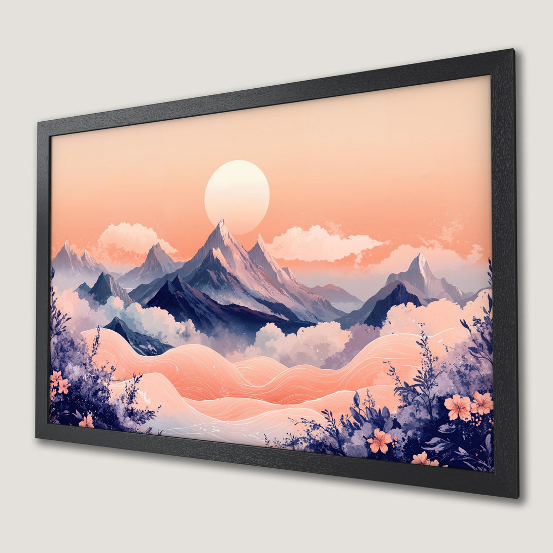Framed Poster of a serene mountain landscape in watercolor style, featuring a warm peach and blue color palette.