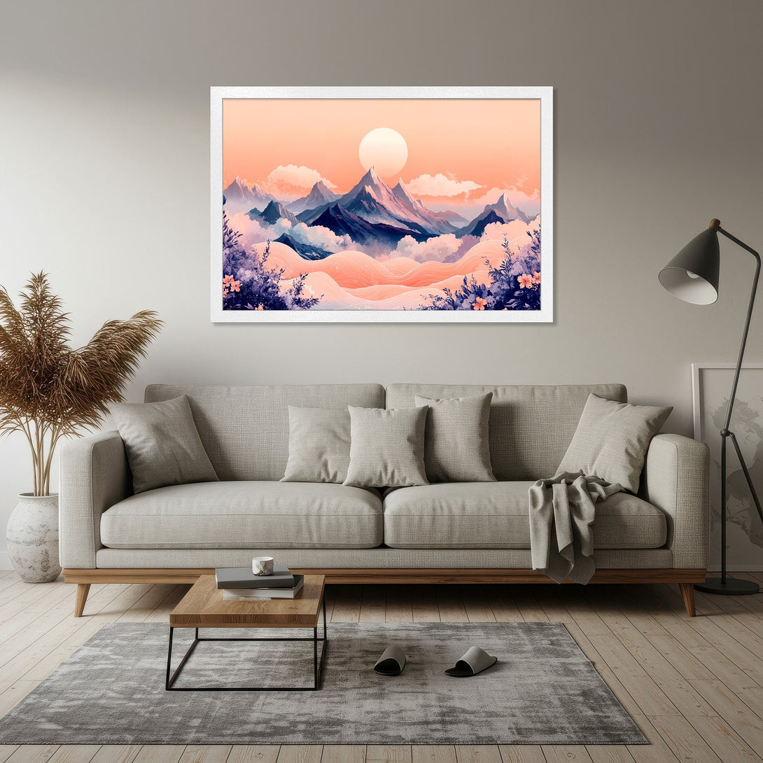 Framed Poster of mountain landscape art in a watercolor style with a warm peach and blue color palette.