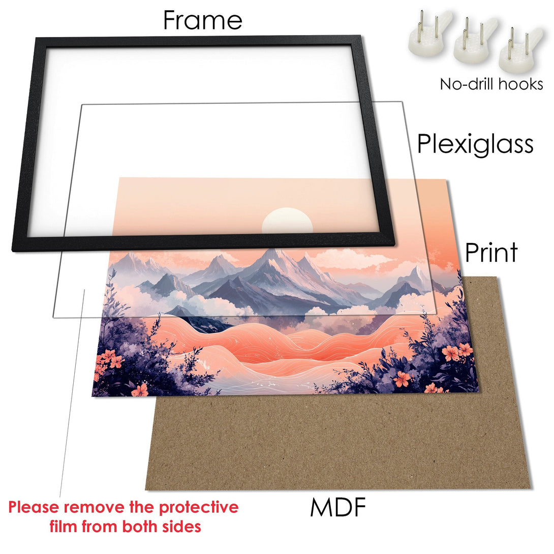 Framed Poster featuring a serene mountain landscape in soft pastel colors. Perfect art for your home decor.