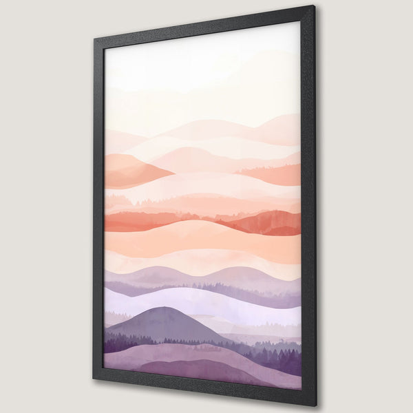 Framed Poster featuring abstract watercolor mountains in a warm, earthy color palette. Perfect wall art for a calming space.