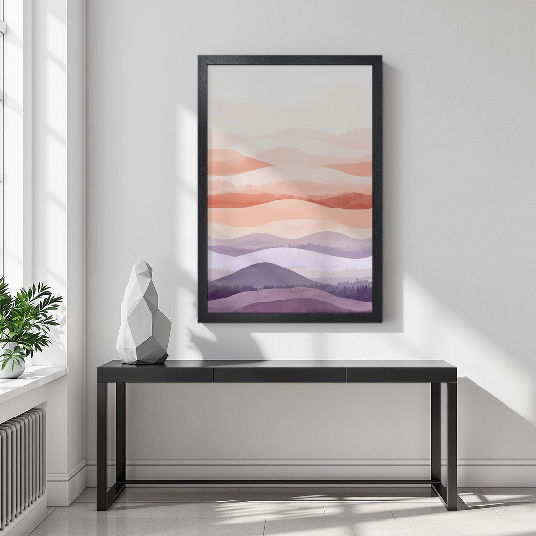 Framed Poster featuring abstract watercolor landscape art in warm orange, purple, and neutral tones. Perfect wall decor!