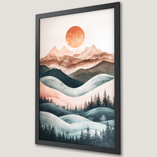 Framed Poster: Mountain landscape art print with warm sunset colors. Modern decor, perfect for living room or bedroom.