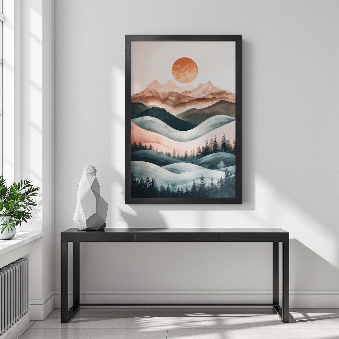 Framed Poster featuring a watercolor landscape with mountains and sunset in a muted color palette. Perfect wall art!