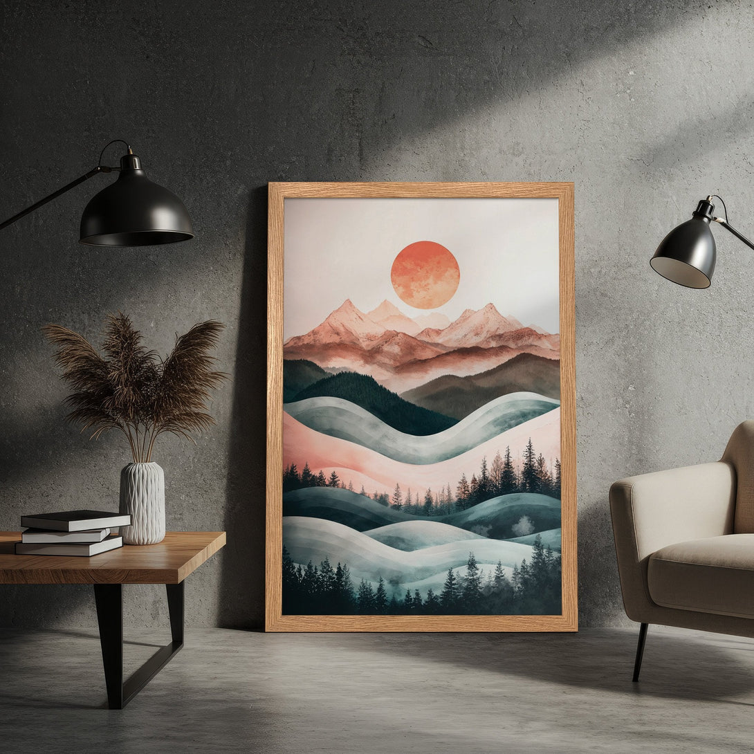 Framed Poster featuring a serene mountain landscape in watercolor style with a warm, earthy color palette. Perfect wall art!