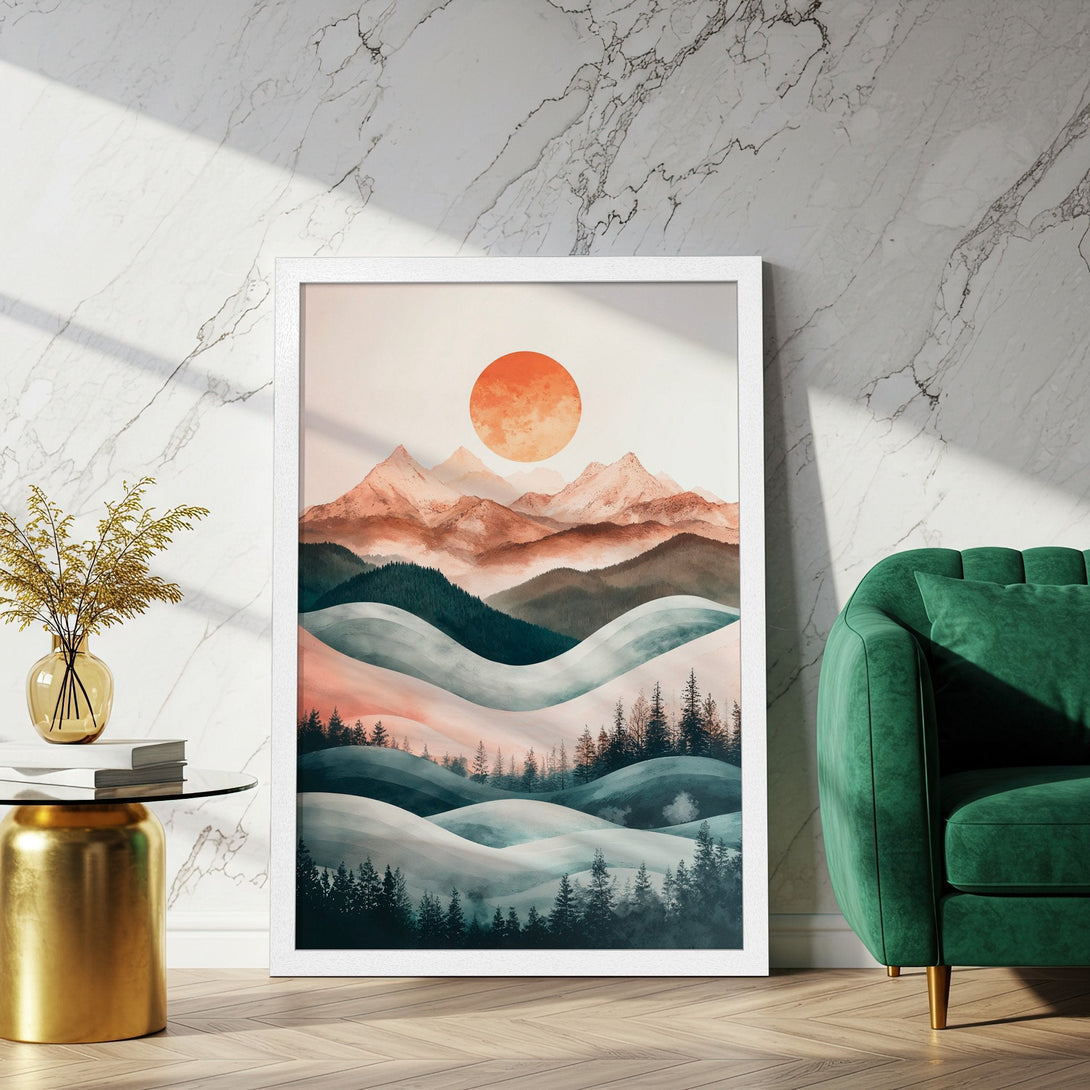 Framed Poster of a mountain landscape in a modern style, with a warm color palette of orange, teal, and beige.