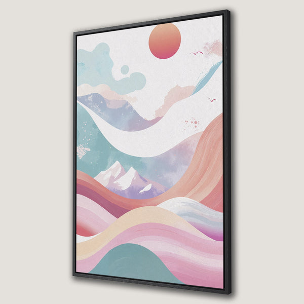 Framed Wall Art featuring a dreamy abstract landscape with soft pastel colors. Perfect for adding a touch of serenity to any space.