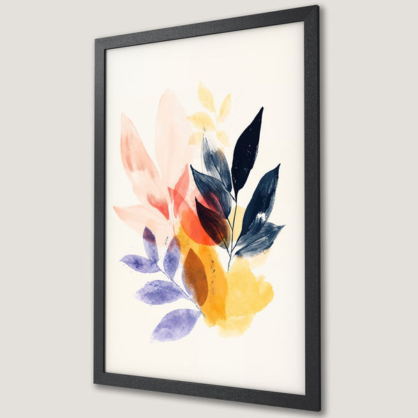 Framed Poster featuring abstract watercolor leaves in a warm color palette. Modern art print for home decor.