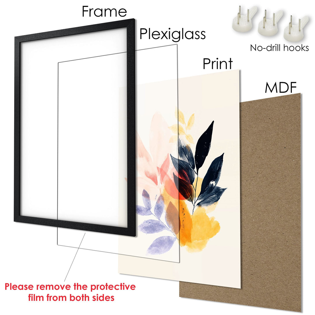 Framed Poster with watercolor floral art in a modern style. Features a warm color palette of yellow, blue, and pink. Ready to hang!