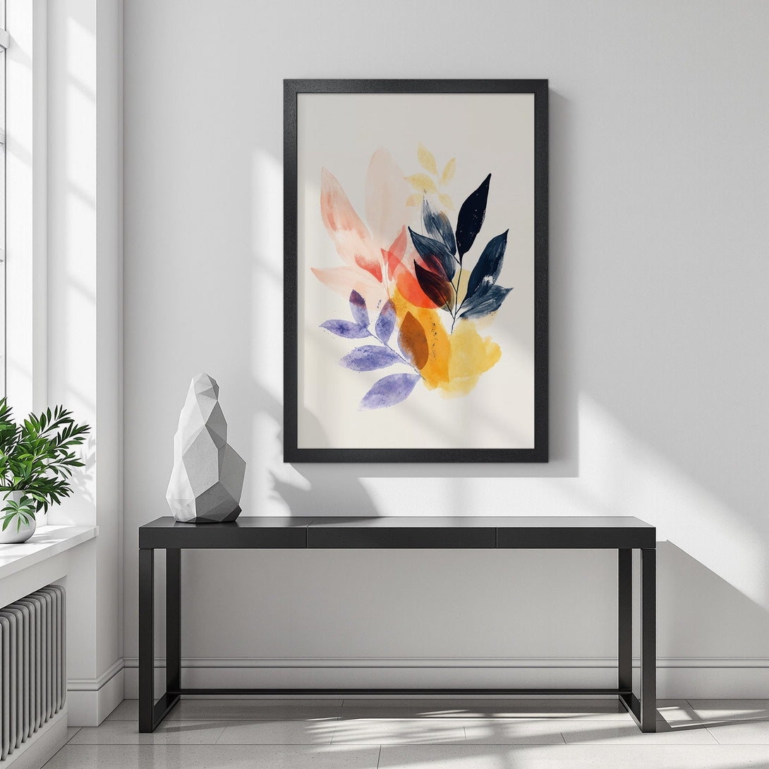 Framed Poster featuring abstract watercolor leaves in a warm color palette. Modern art for your home!