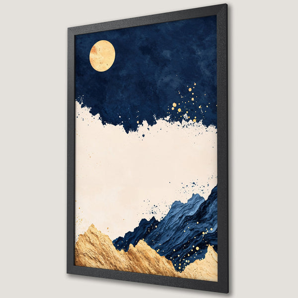 Framed Poster featuring a serene mountain landscape in navy, gold, and beige. Modern abstract art for your home decor.