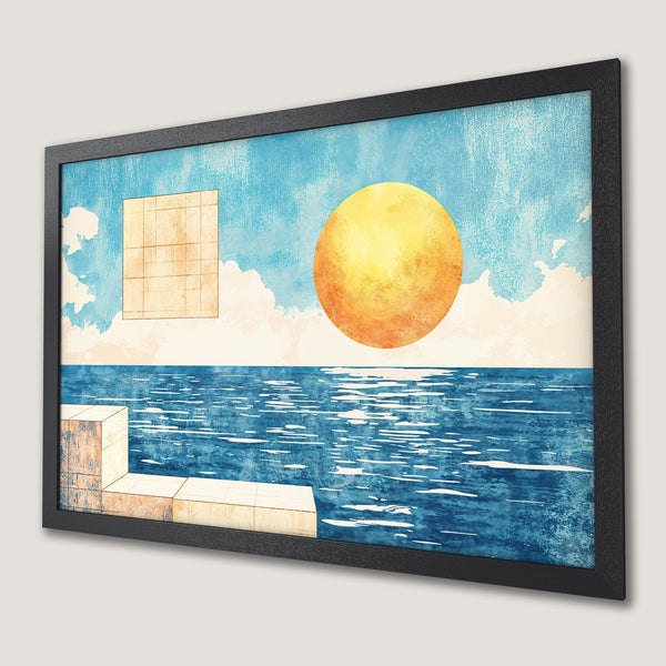 Framed Poster featuring abstract seascape art with blue, yellow, and beige color palette. Perfect wall decor.