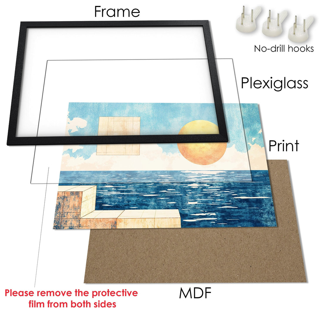 Framed Poster of a seascape in blue and orange tones. Modern art print with black frame, ready to hang.
