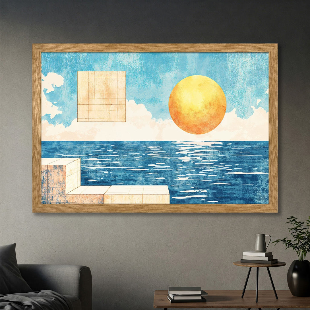 Framed Poster featuring abstract seascape art in blue, yellow, and beige. Perfect wall decor for a modern home.