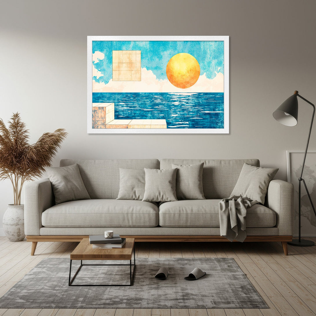 Framed Poster featuring a vibrant sun over the sea, in a watercolor style with blue, yellow, and white hues.