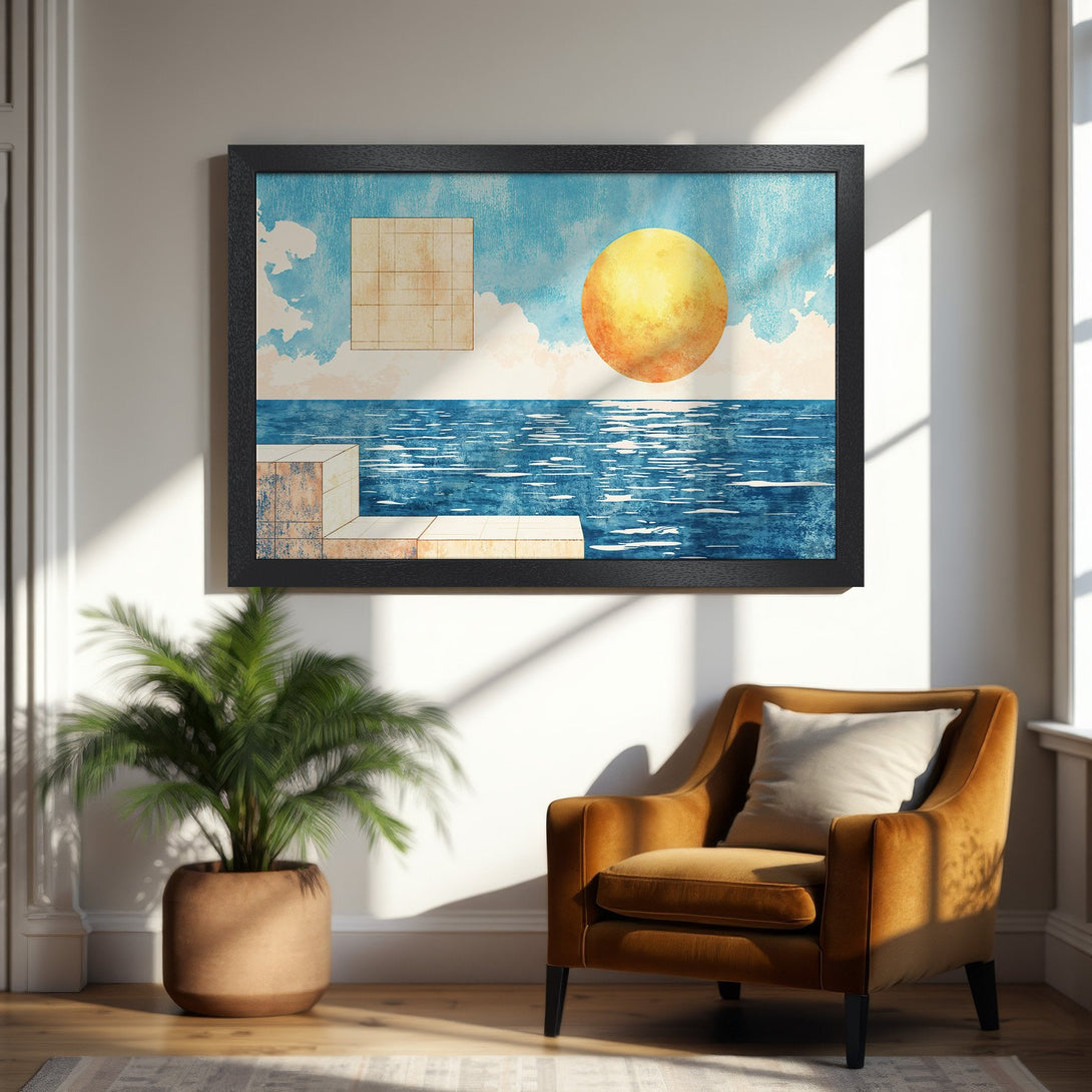 Framed Poster with abstract landscape art. Blue, yellow, and neutral tones. Modern art print for home decor.
