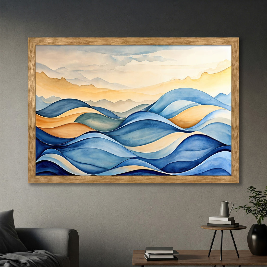 Framed Poster featuring abstract watercolor waves in blue and gold, perfect for modern home decor.