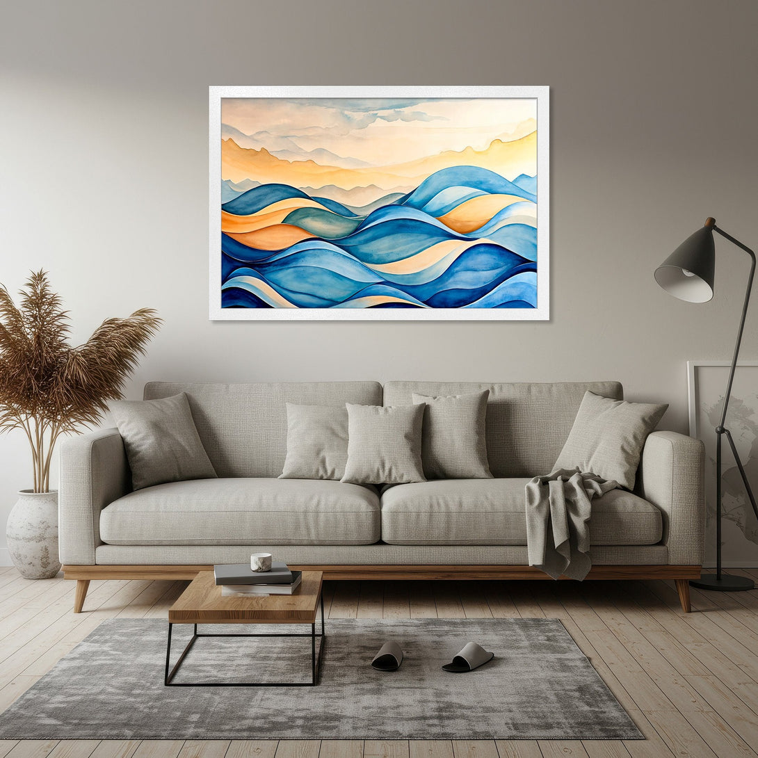 Framed Poster featuring abstract watercolor waves in blue and orange hues, perfect for modern home decor.