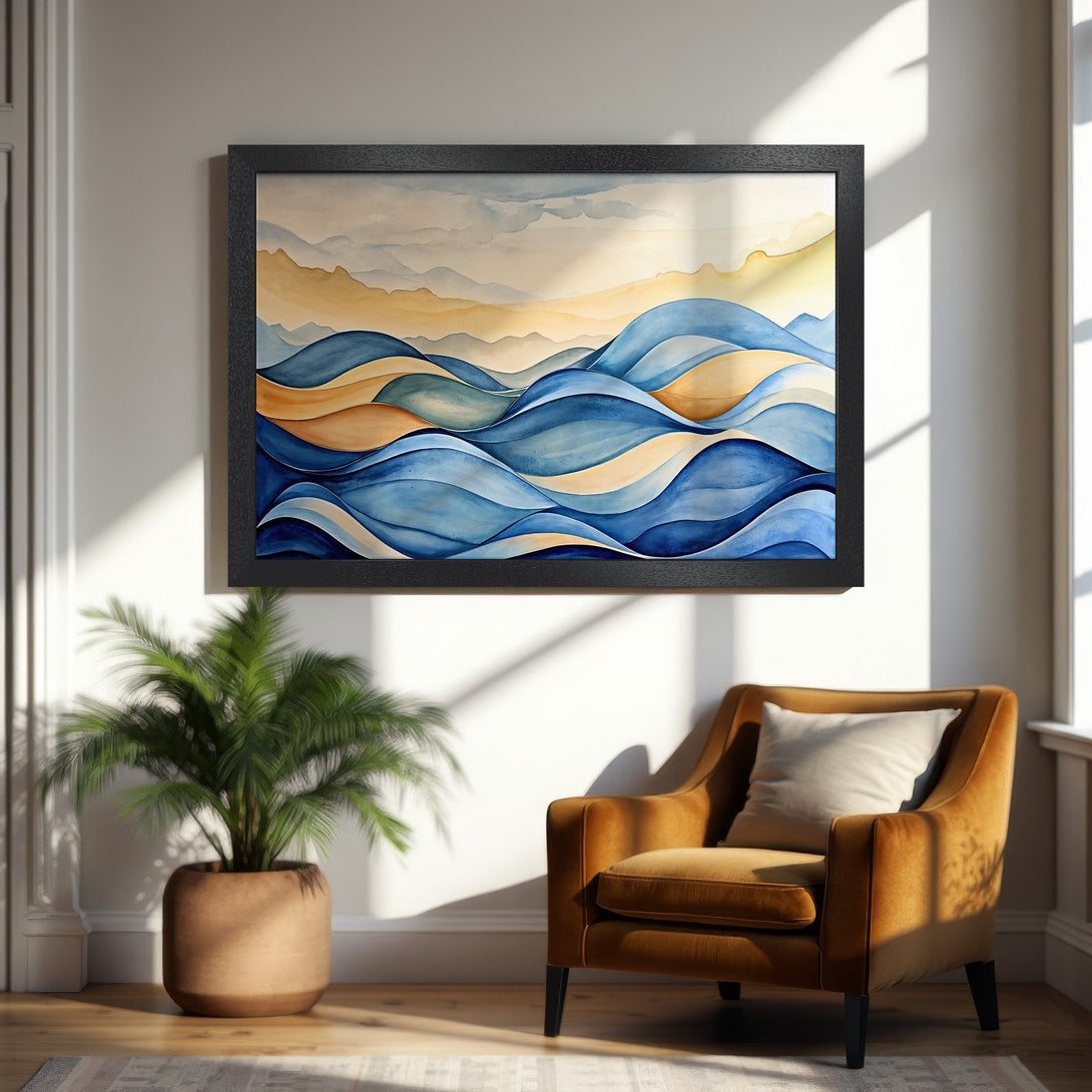 Framed Poster featuring watercolor waves in blue and gold tones. Perfect wall art for a calming, modern aesthetic.