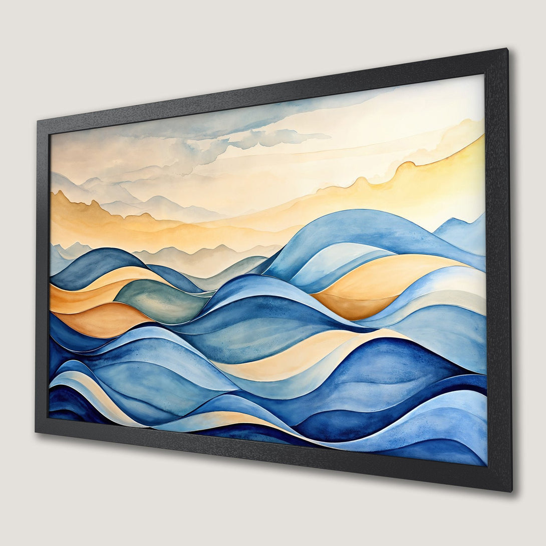 Framed Poster featuring watercolor waves in blue and gold tones, perfect for adding a touch of serenity to your space.