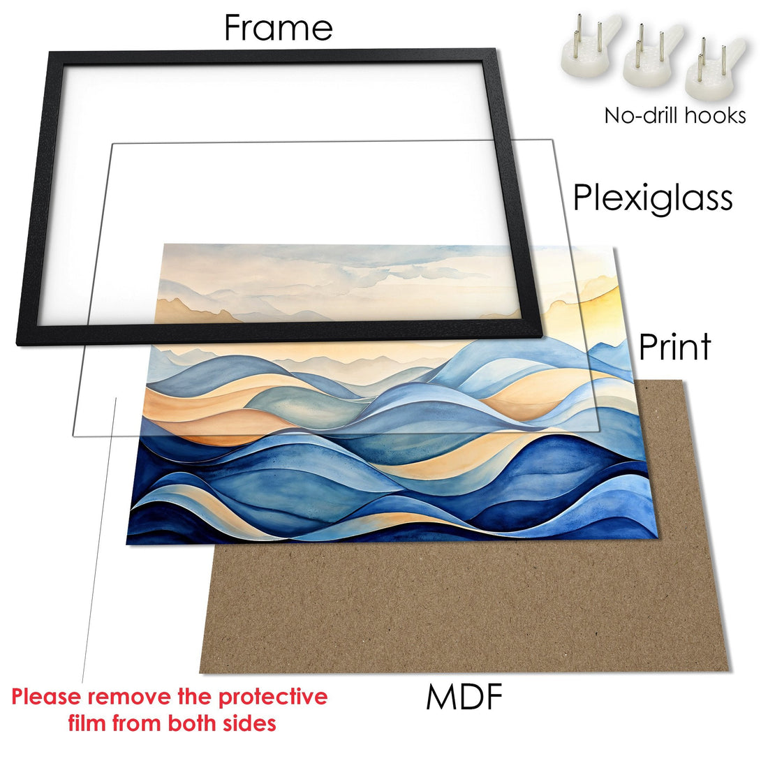 Framed Poster of watercolor waves in blue and beige tones. Perfect wall art!