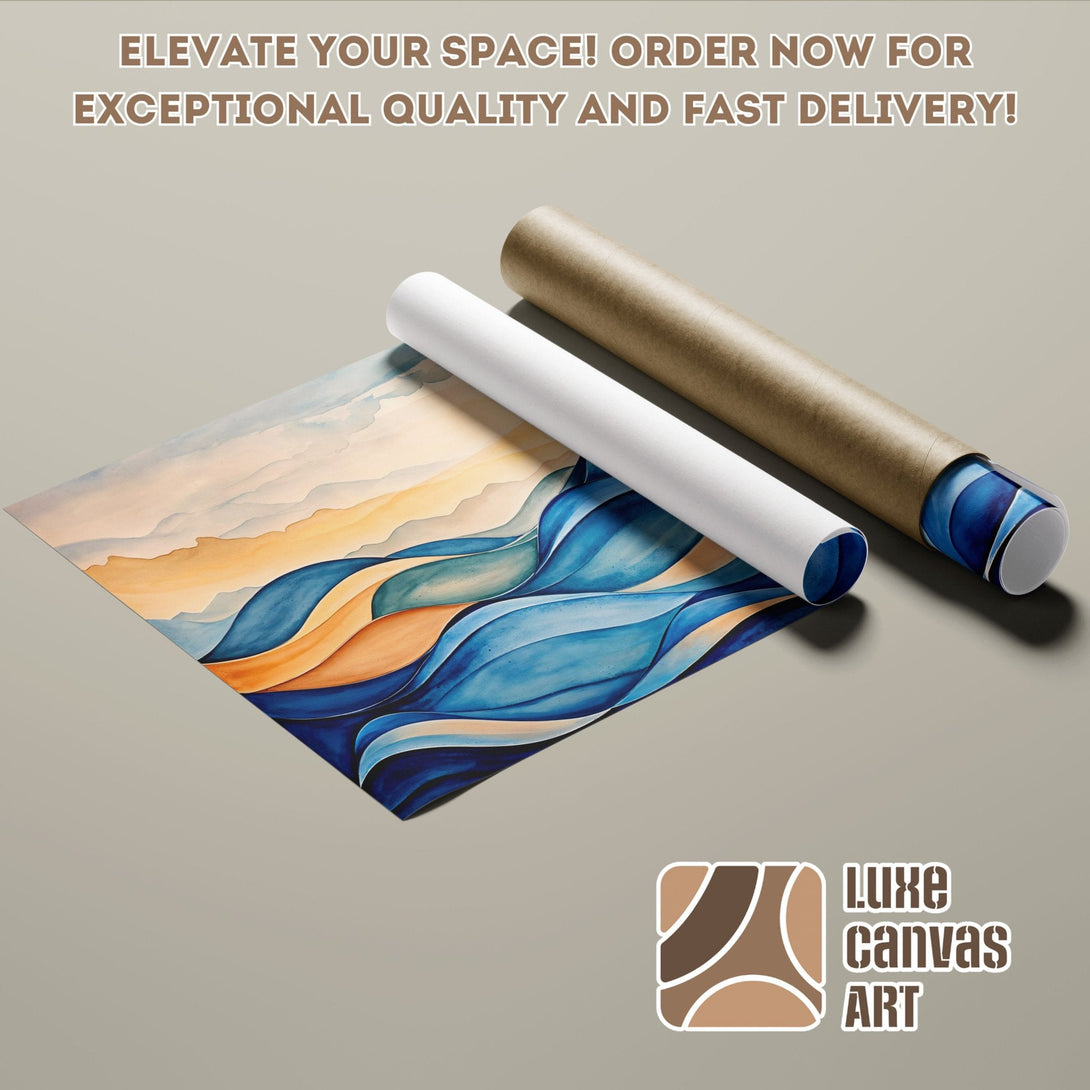 Abstract watercolor Poster Roll with blue, orange, and beige tones. Elevate your space with Luxe Canvas Art!