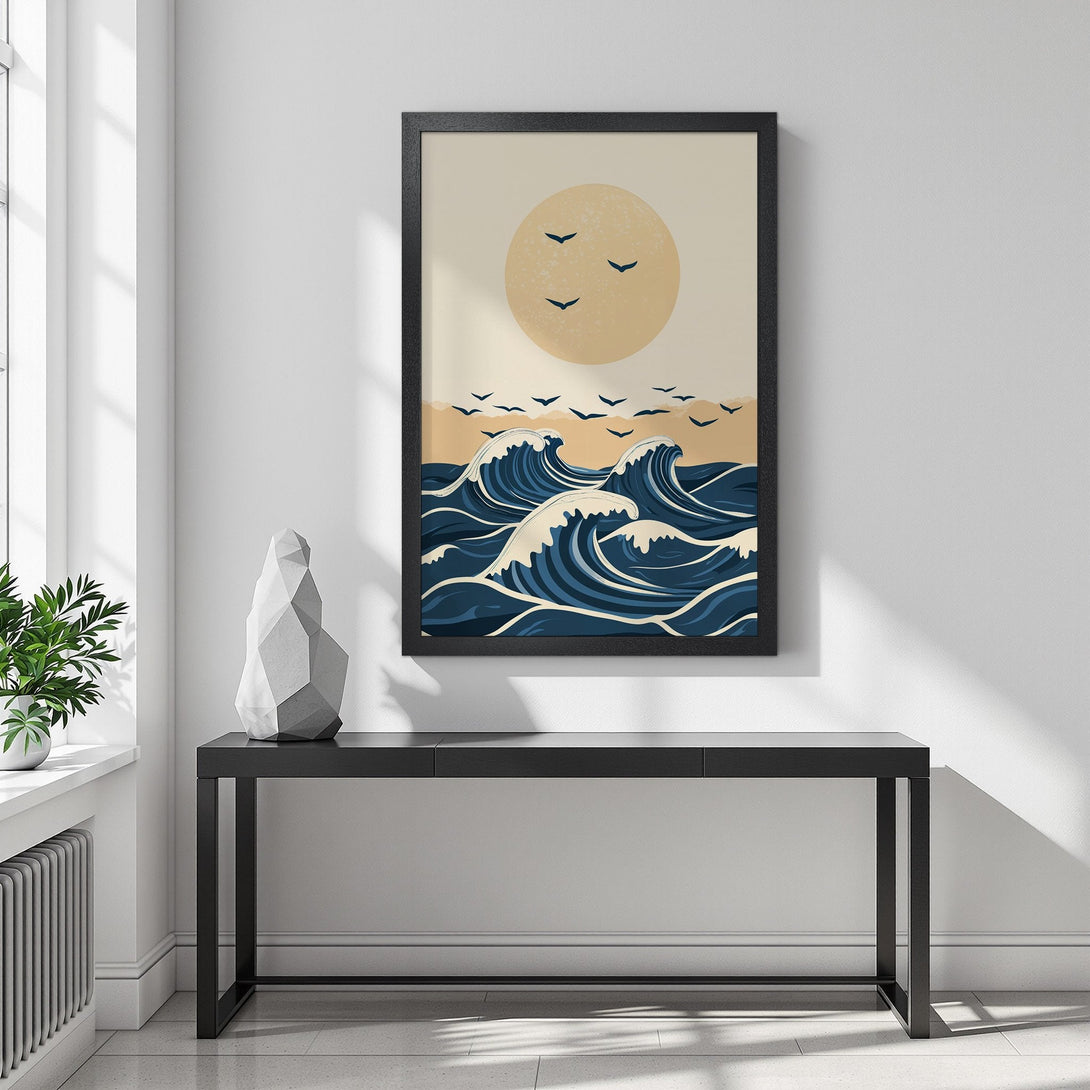 Framed Poster featuring a minimalist ocean wave design in blue, beige, and black. Perfect wall art for a modern home.