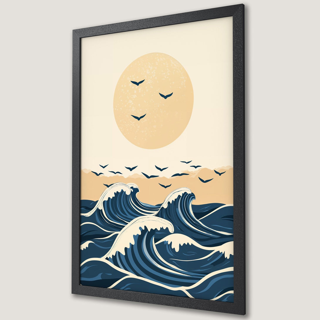Framed Poster featuring a minimalist ocean wave design in blue, beige, and yellow. Perfect wall art for a calming aesthetic.