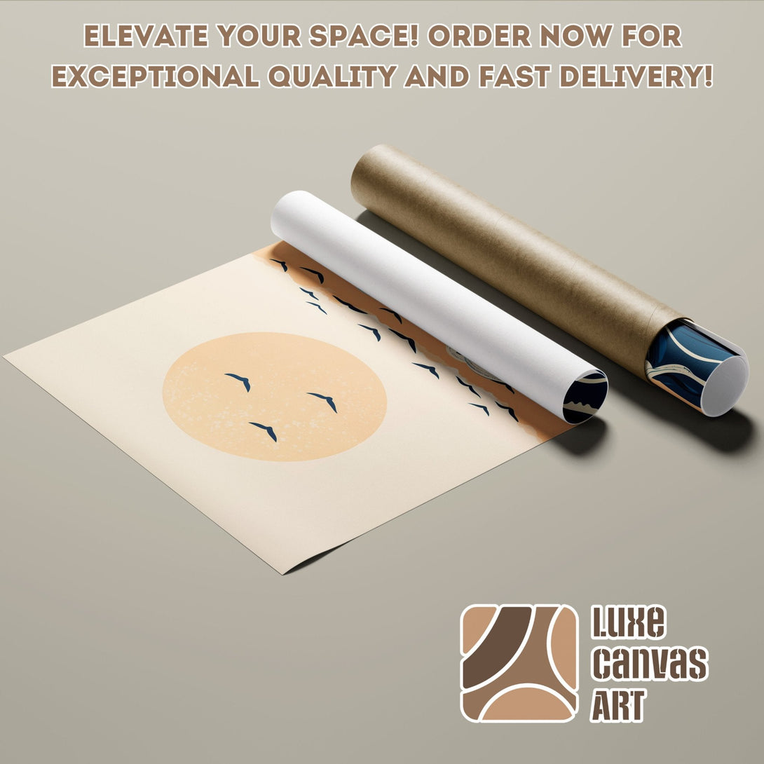 Abstract art Poster Roll featuring a minimalist sun and birds in a warm, neutral color palette. Elevate your space with art!