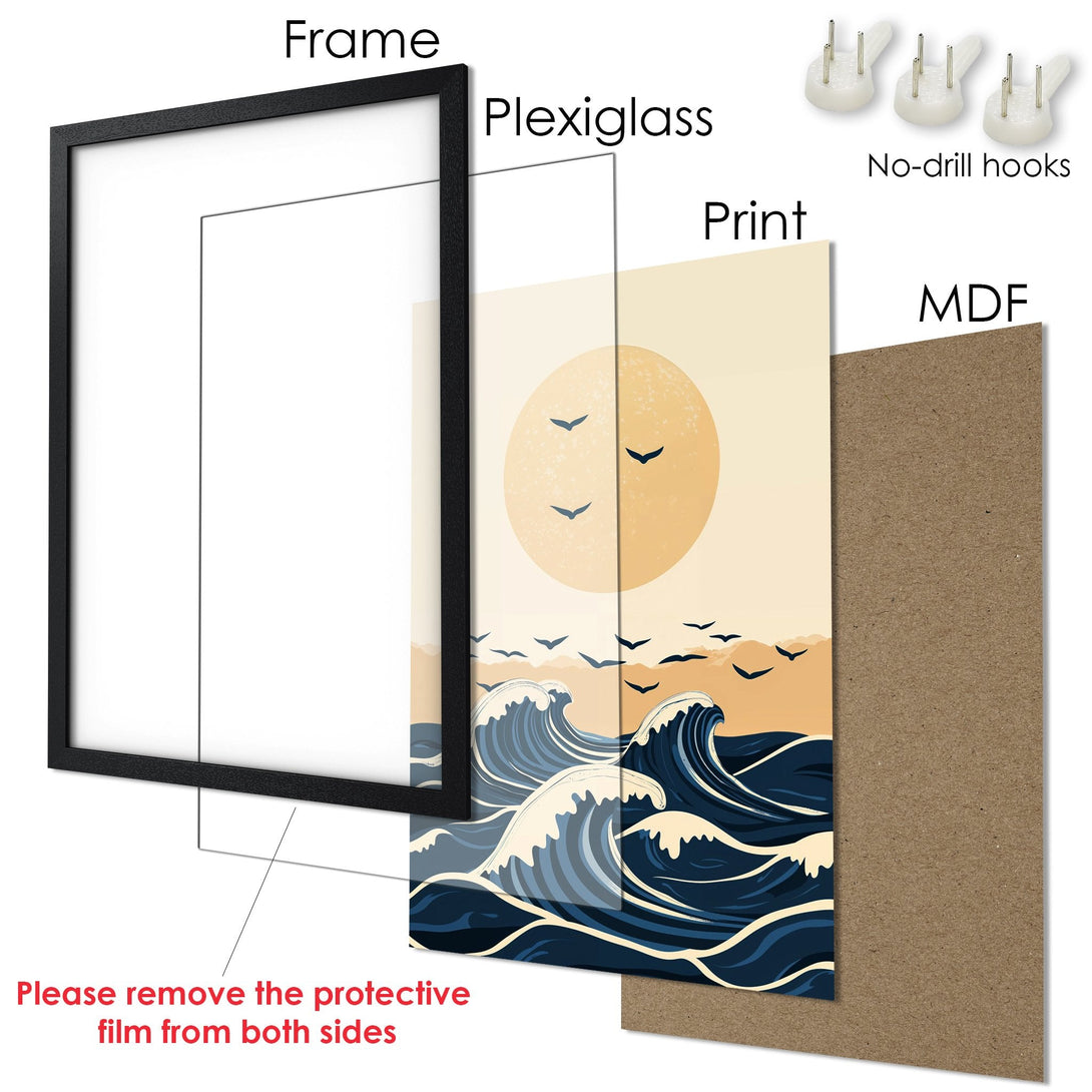Framed Poster featuring a serene ocean scene in a minimalist style with a calming blue and beige color palette. Perfect wall art!