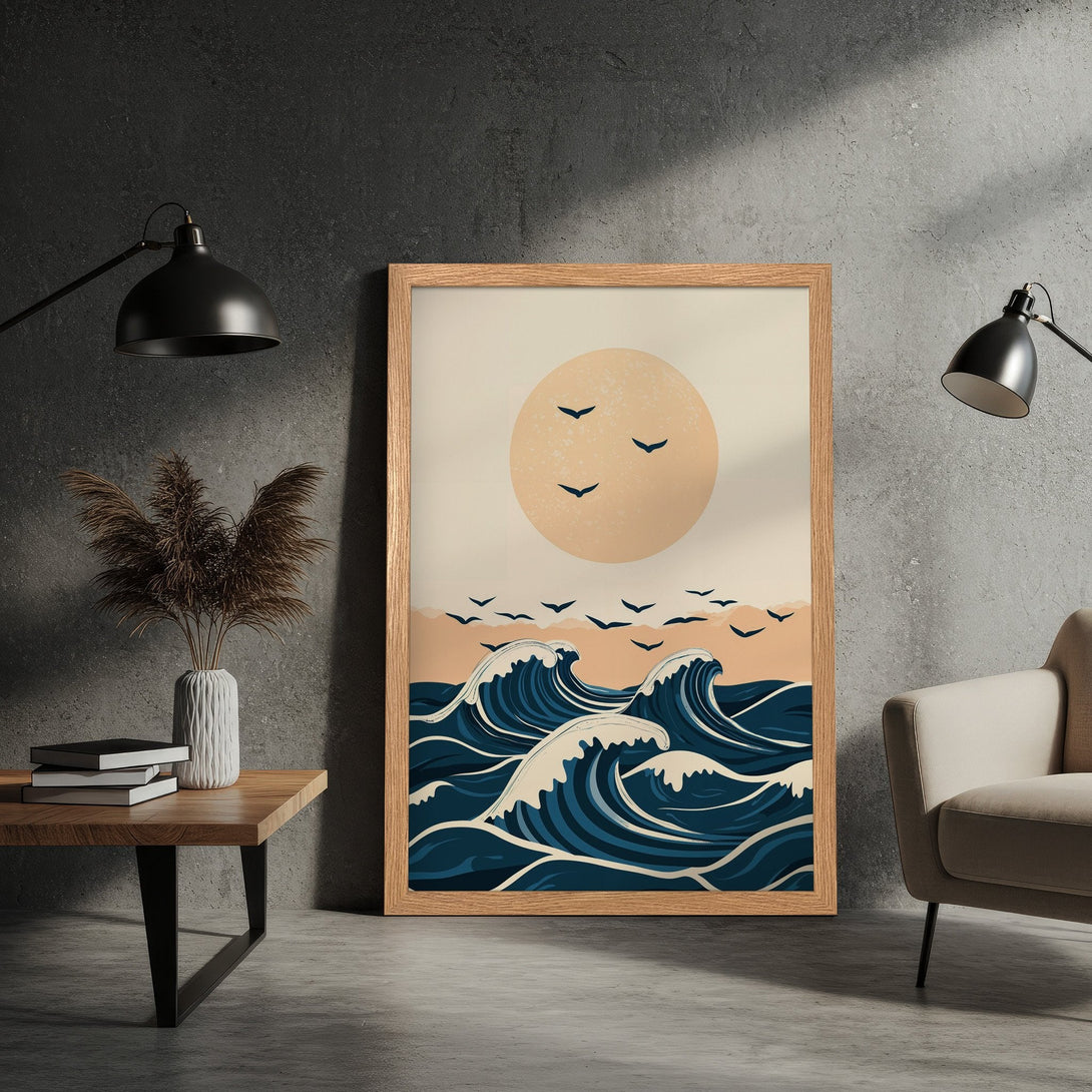 Framed Poster featuring a serene ocean wave design in a minimalist style with a calming blue, beige, and tan color palette. Perfect wall art!