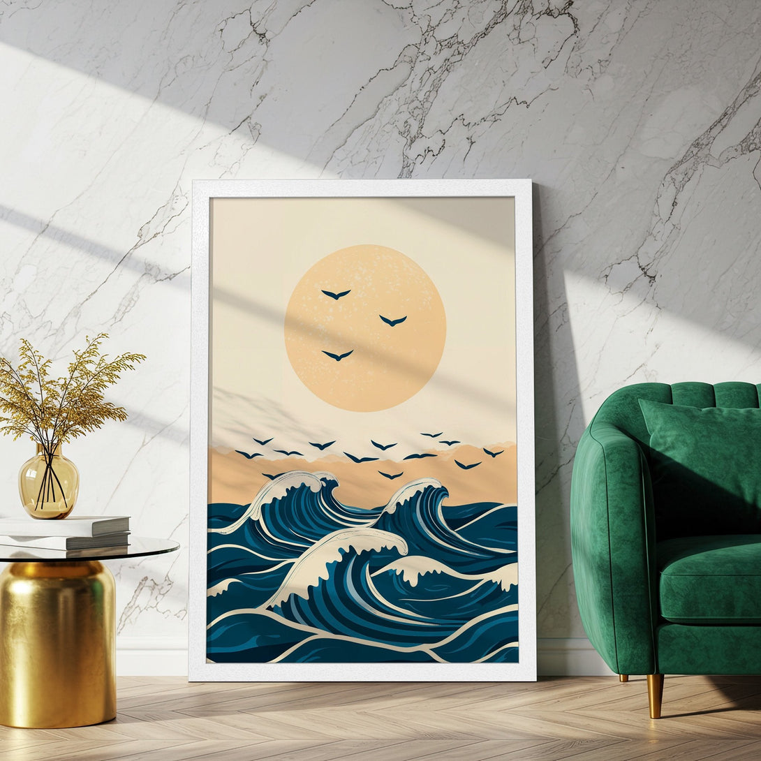 Framed Poster featuring ocean waves in a minimalist style with a calming blue and beige color palette. Perfect wall art for a serene home.