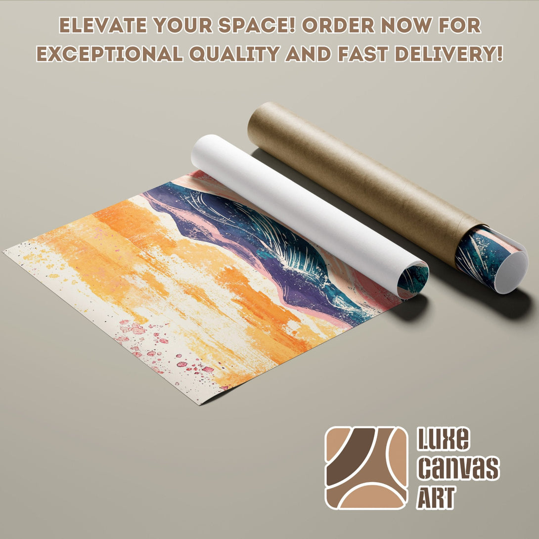 Abstract art Poster Roll with warm orange, blue and pink tones. Elevate your space with our stunning posters!