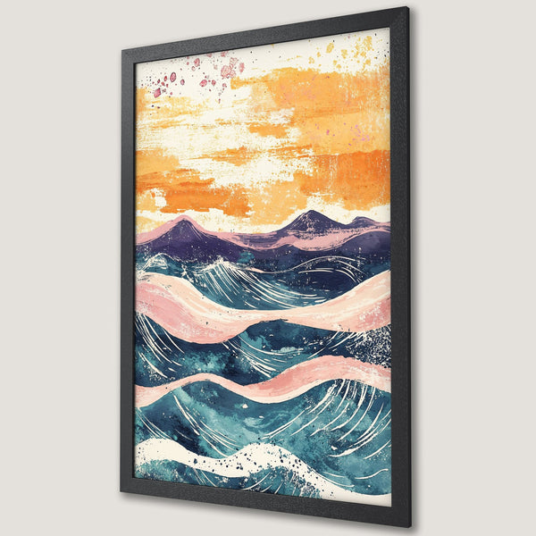 Framed Poster featuring abstract landscape art with mountains and waves. Watercolor style with blue, pink, and orange color palette. Perfect wall decor.